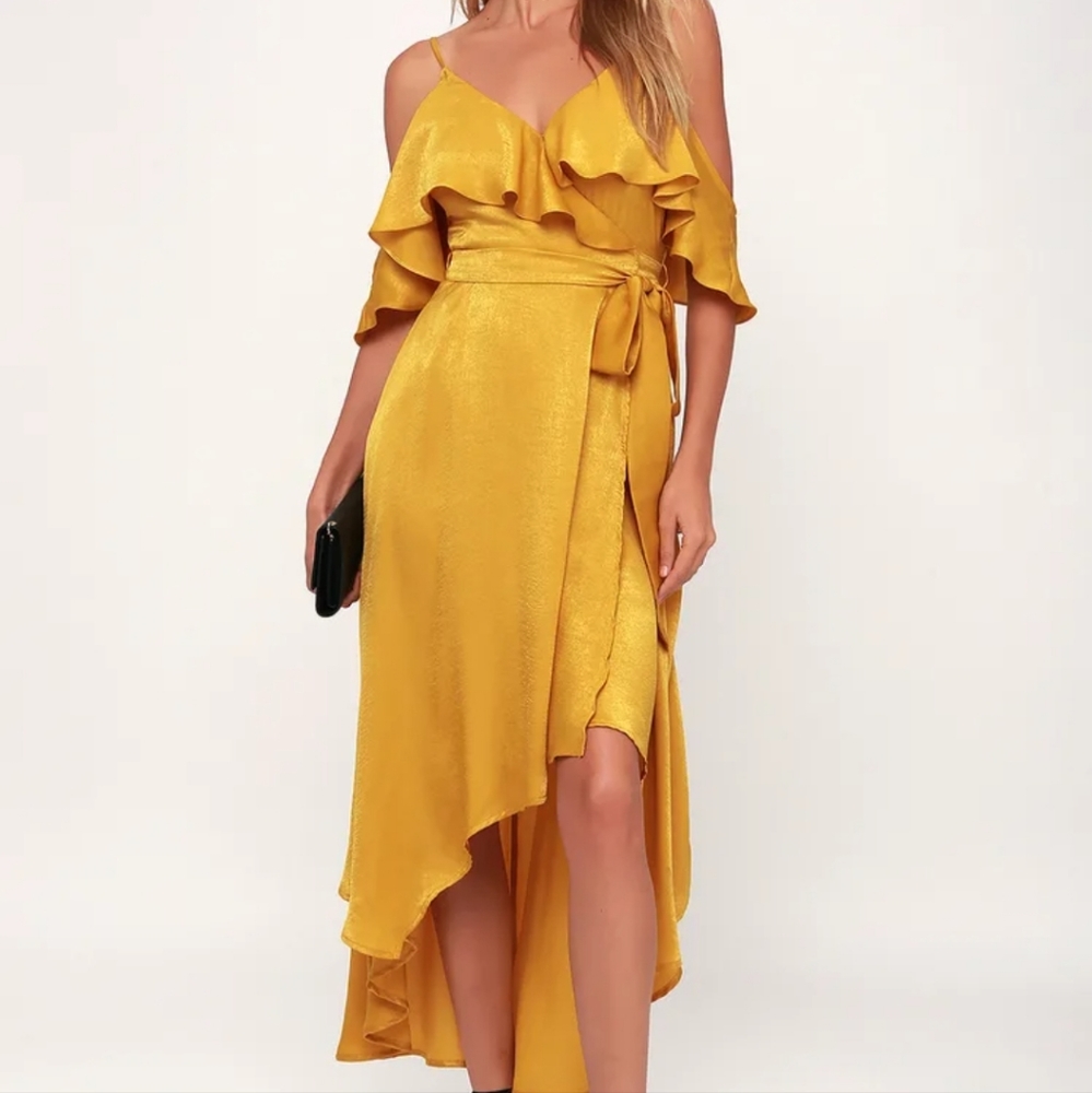 Lulu's Gold Satin Wrap Dress